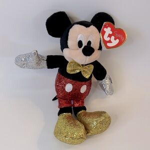 4/$25 - New TY Beanie Baby Disney 6" MICKEY MOUSE Super Sparkle‎ Red Toy Plush